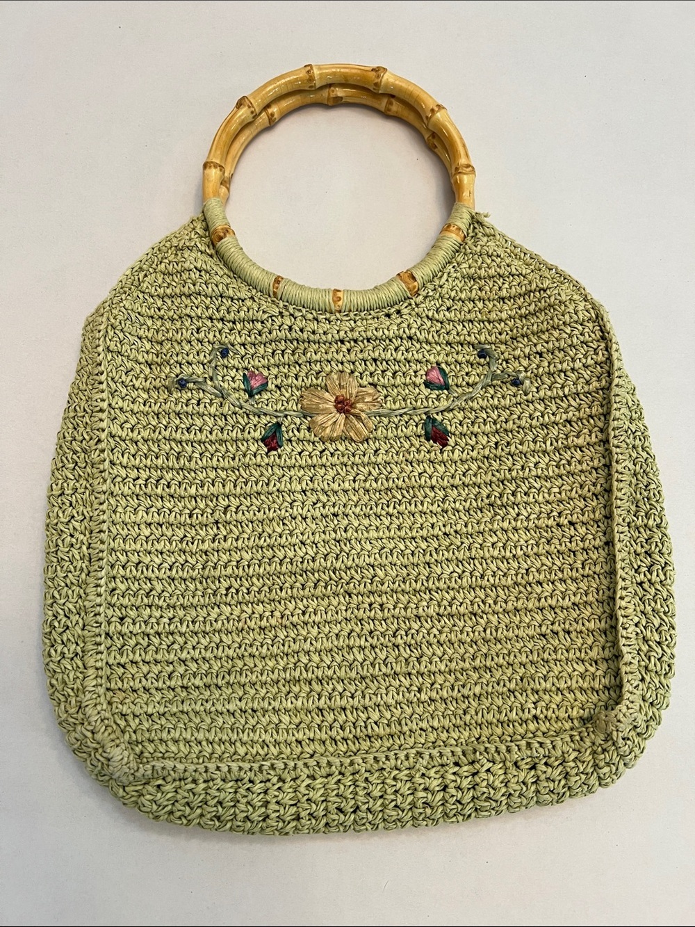 SCALA GAL Y2K GREEN WOVEN TWINE WITH FLOWERS WITH BAMBOO HANDLES BAG PURSE